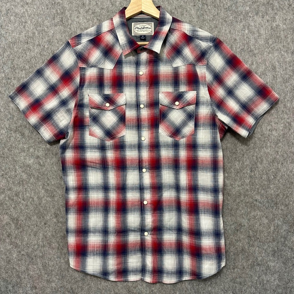 Flag & Anthem Mens Short Sleeve Plaid Western Shirt Size Medium Red White Blue